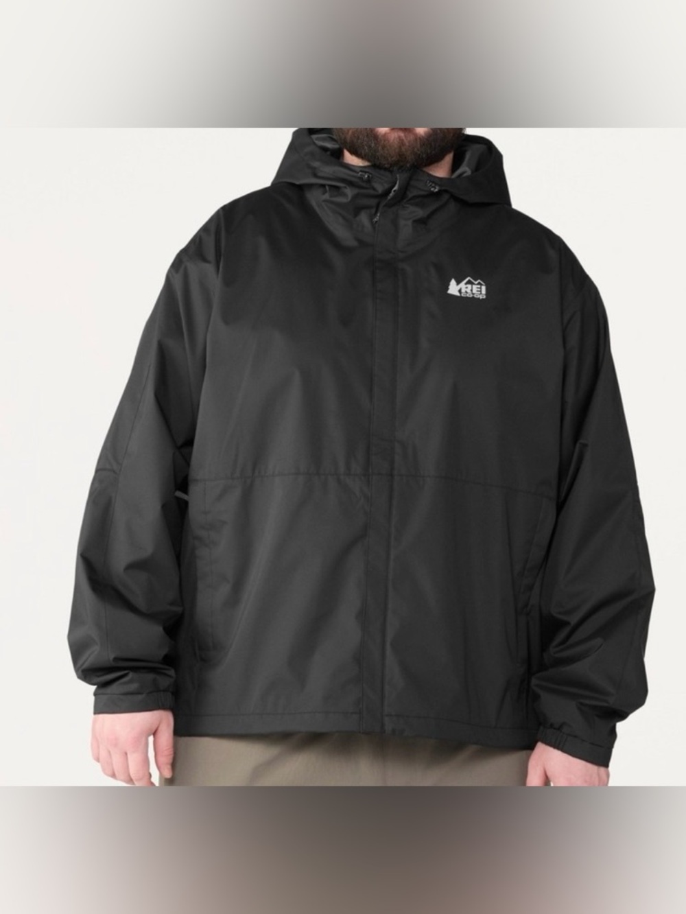REI Co-op Mens Black Waterproof Rain Jacket Size Medium Full Zip Hooded Outdoor